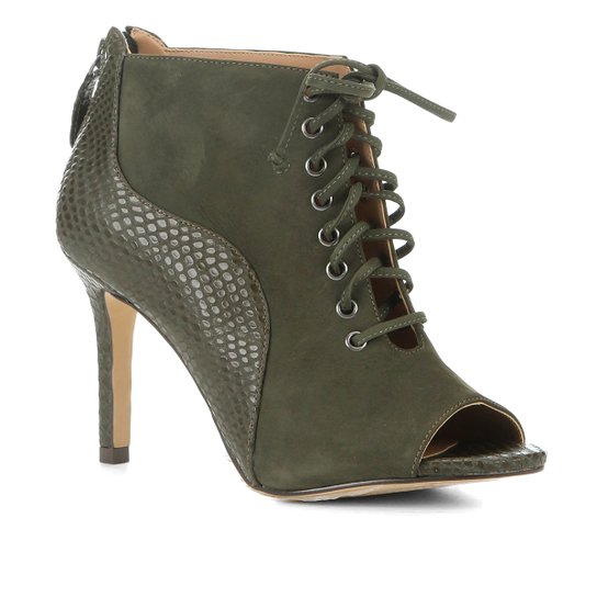 Ankle Boot Couro Shoestock Salto Fino Snake Feminina - Musgo