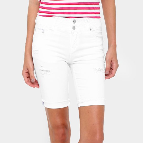 Bermuda Gup's Jeans Puídos Botão Duplo Feminina - Off White