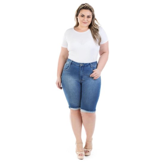 Bermuda Jeans Feminina Squash com Elastano Plus Size - Azul