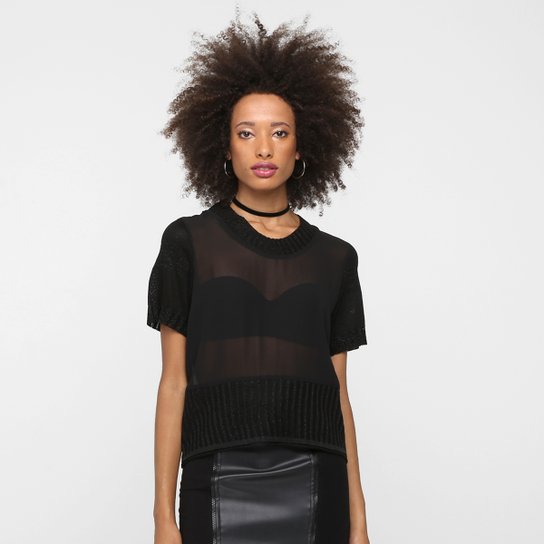 Blusa Afghan Manga E Barra Tricot - Preto