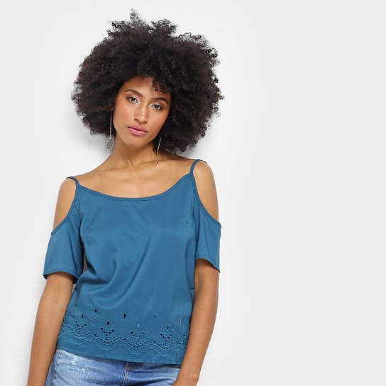Blusa Aishty Bordada Feminina - Azul Petróleo