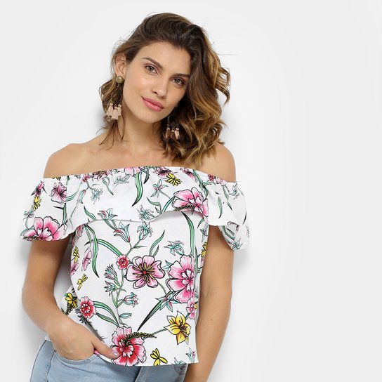 Blusa Aishty Ciganinha Feminina - Branco+Rosa
