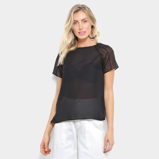 Blusa Aishty com Tule Manga Curta Feminina - Preto