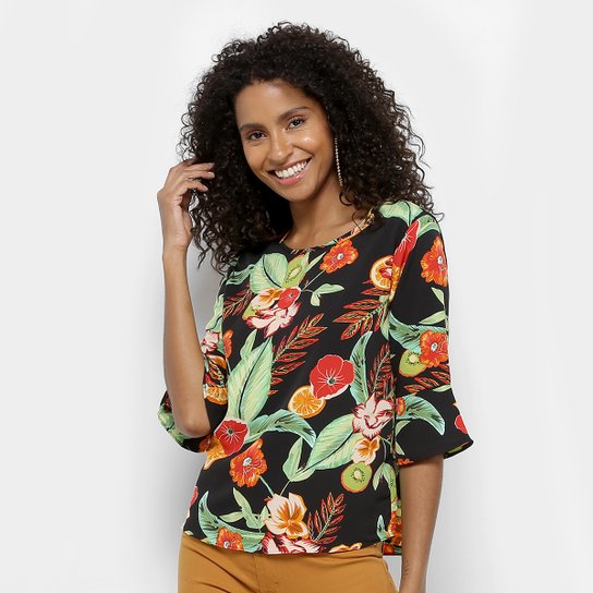 Blusa Aishty Manga 3/4 Peplum Feminina - Preto
