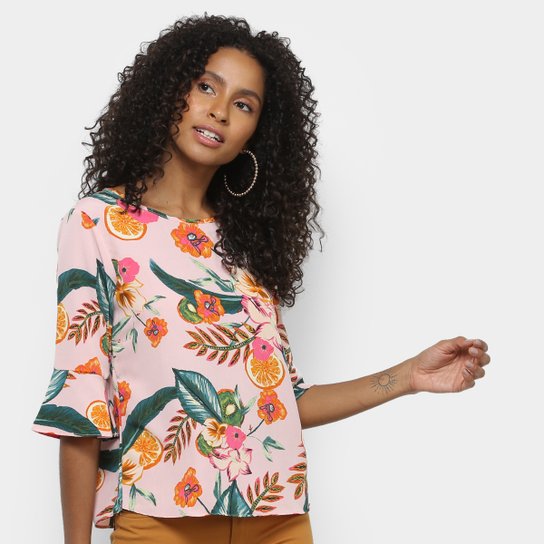 Blusa Aishty Manga 3/4 Peplum Feminina - Rosa