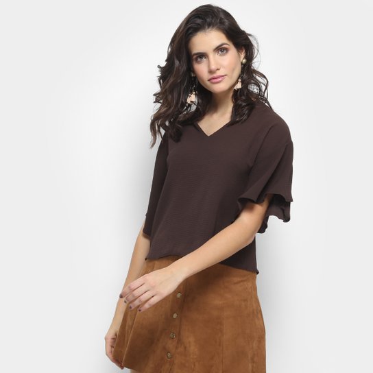 Blusa Aishty Manga Sino Feminina - Marrom