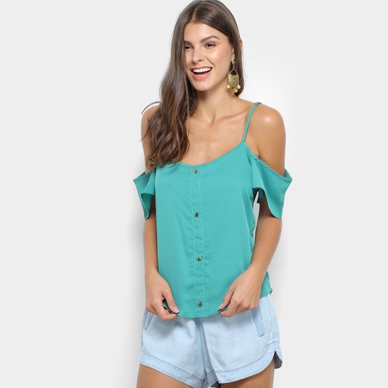 Blusa Aishty Open Shoulder Botões Feminina - Verde
