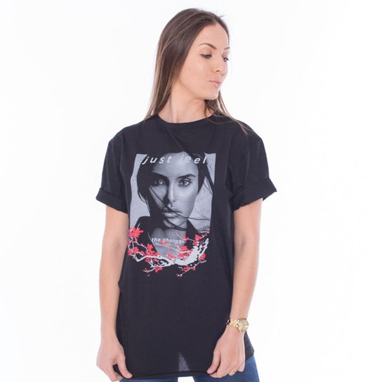 Blusa Alongada Just Fell Hiatto Feminina - Preto