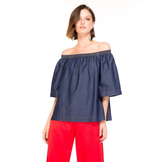 Blusa Amaro Denim Ombro A Ombro Feminina - Azul Escuro