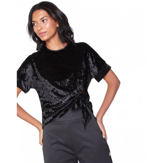 Blusa Amaro Manga Curta Veludo Molhado - Preto