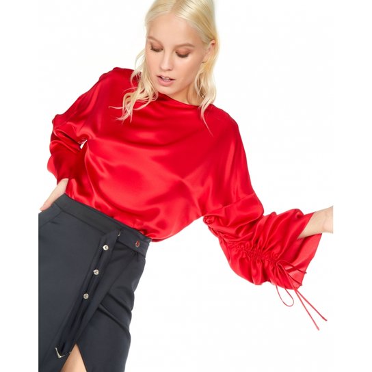 Blusa Amaro Manga Franzida Cetim Seda - Vermelho