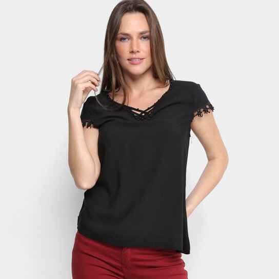 Blusa Ayaka Decote Costas Renda Feminina - Preto