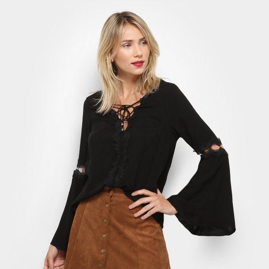 Blusa Balboa Bata Amarração Manga Longa Feminina - Preto