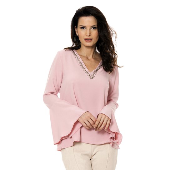 Blusa Bisô Flare Bordada Feminina - Rosê