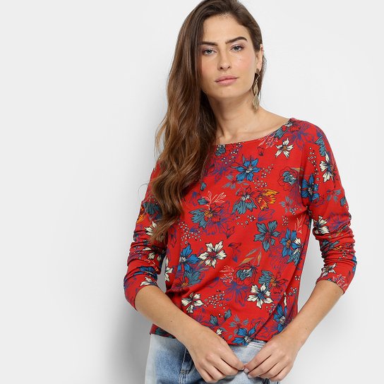 Blusa Cantão Estampada Manga Longa Feminina - Vermelho