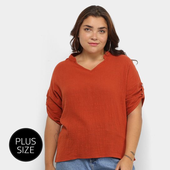 Blusa City Lady Bata Gola V Mangas 3/4 Plus Size Feminina - Marrom