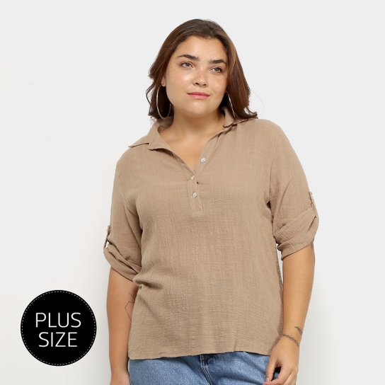 Blusa City Lady Botões Mangas 3/4 Plus Size Feminina - Marrom
