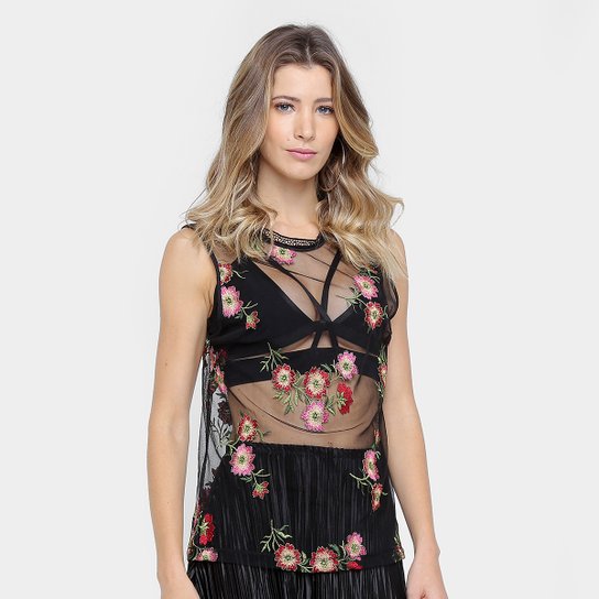 Blusa Colcci Tule Bordada Feminina - Preto