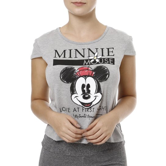 Blusa Cropped Disney Manga Curta Feminina - Cinza