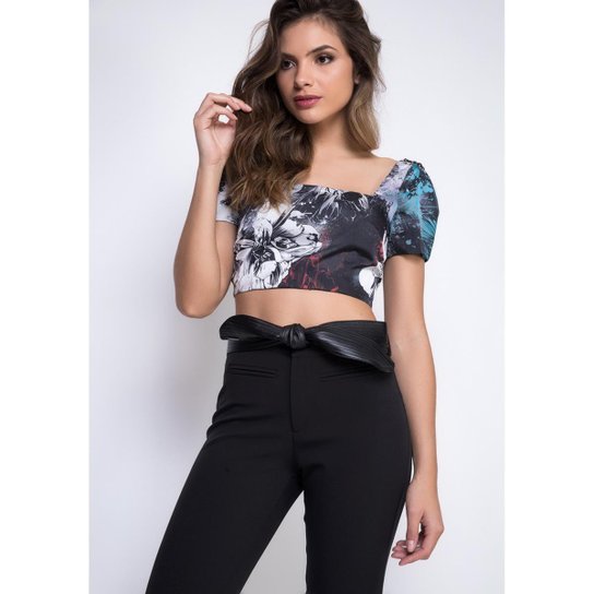 Blusa Cropped Estampada Aplicações Lança Perfume - Marinho