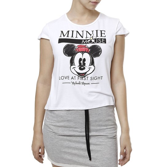 Blusa Cropped Manga Curta Disney Feminina - Branco