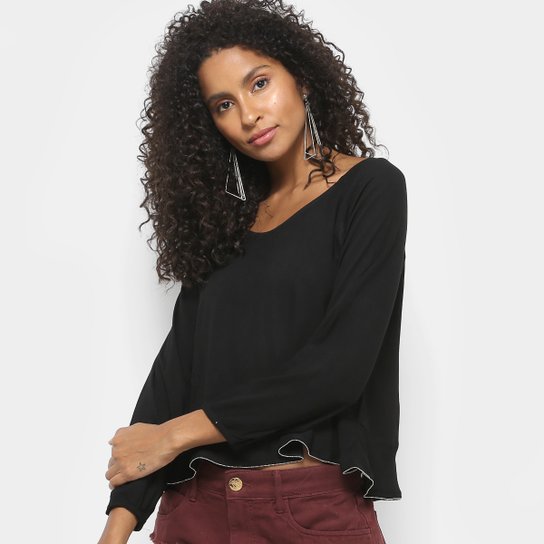 Blusa Fiya Lady 3/4 Babado Feminina - Preto