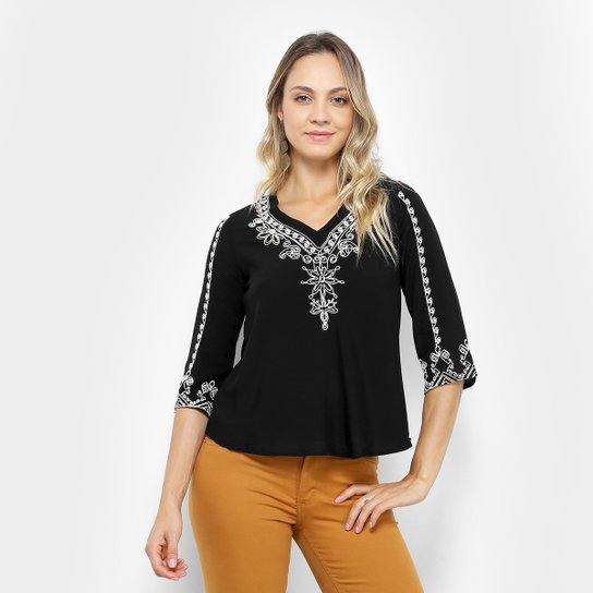 Blusa Fiya Lady 3/4 Bordada Feminina - Preto