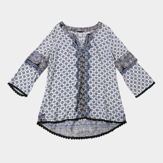 Blusa Fiya Lady 7/8 Estampada Manga Longa Plus Size Feminina - Azul+Preto