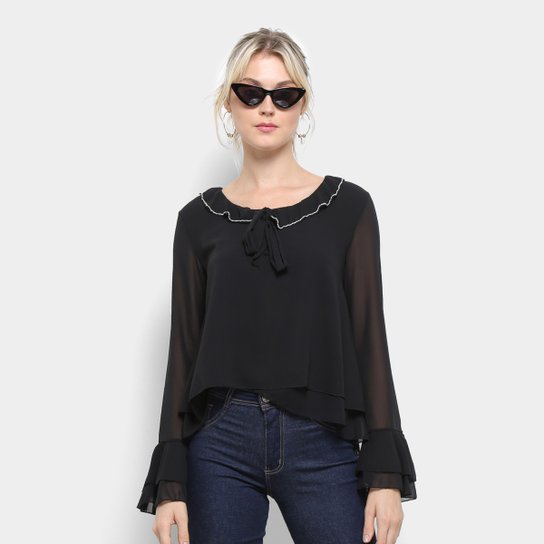 Blusa Fiya Lady Babados Strass Manga Longa Feminina - Preto