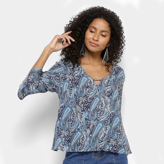 Blusa Fiya Lady Bata Paisley Manga 3/4 Feminina - Azul