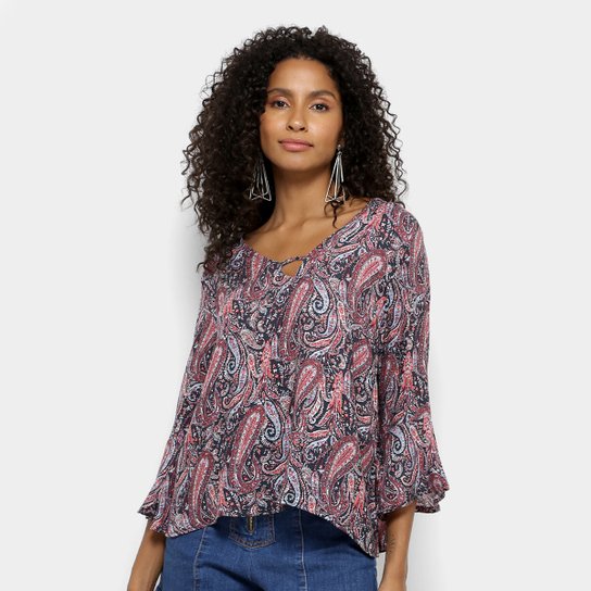 Blusa Fiya Lady Bata Paisley Manga 3/4 Feminina - Vermelho
