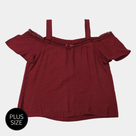 Blusa Fiya Lady Bata Renda Plus Size Feminina - Bordô