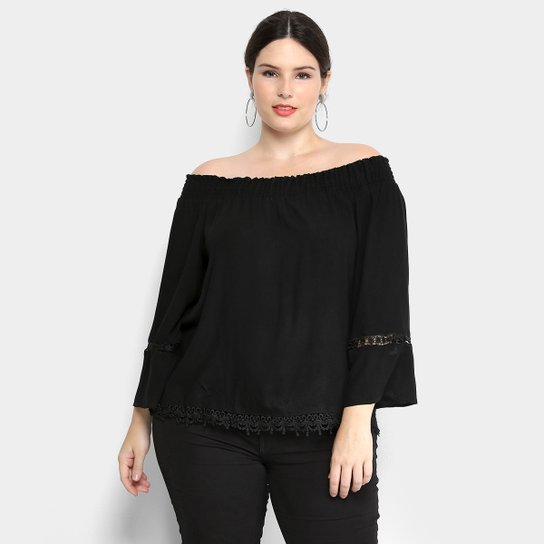 Blusa Fiya Lady Ciganinha Guipir Pluz Size Feminina - Preto