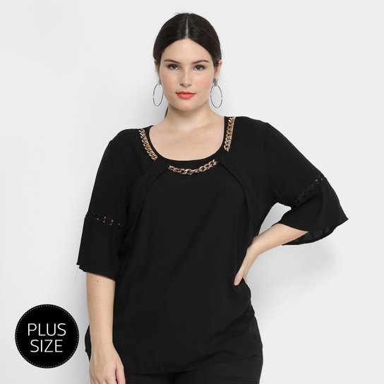 Blusa Fiya Lady Colar Manga Curta Sino Plus Size Feminina - Preto