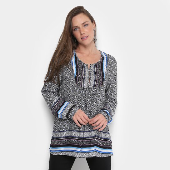 Blusa Fiya Lady Estampada Manga Longa Feminina - Azul