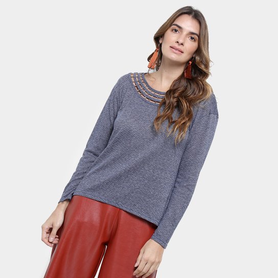 Blusa Fiya Lady Gola Trabalhada Manga Longa Feminina - Marinho