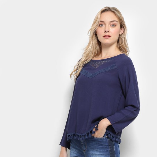 Blusa Fiya Lady Guipir Franja Feminina - Marinho