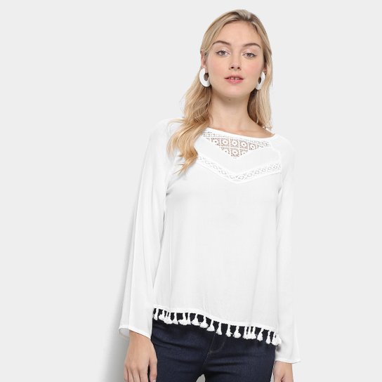 Blusa Fiya Lady Guipir Franja Feminina - Branco