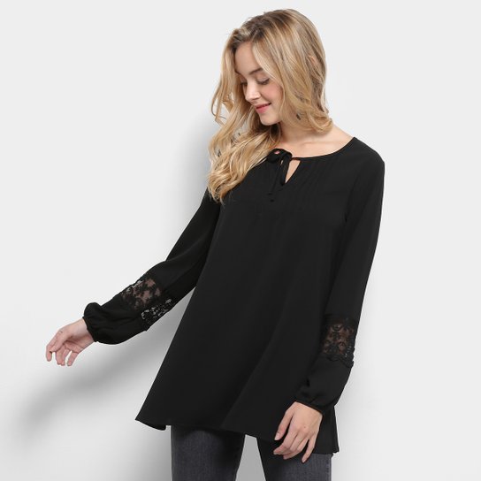 Blusa Fiya Lady Manga Longa Renda Feminina - Preto