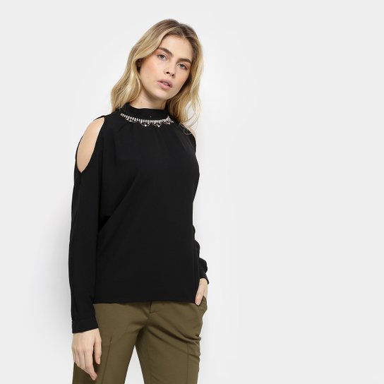 Blusa Fiya Lady Open Shoulder Colar Manga Longa Feminina - Preto