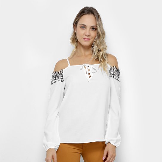 Blusa Fiya Lady Open Shoulder Guipir Feminina - Branco