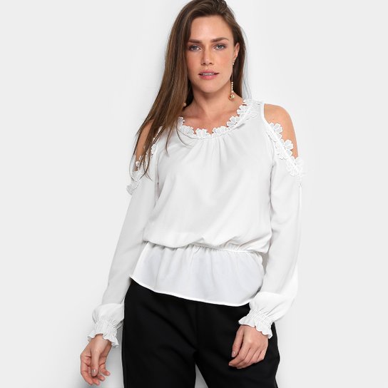 Blusa Fiya Lady Recorte Rendas Manga Longa Feminina - Branco