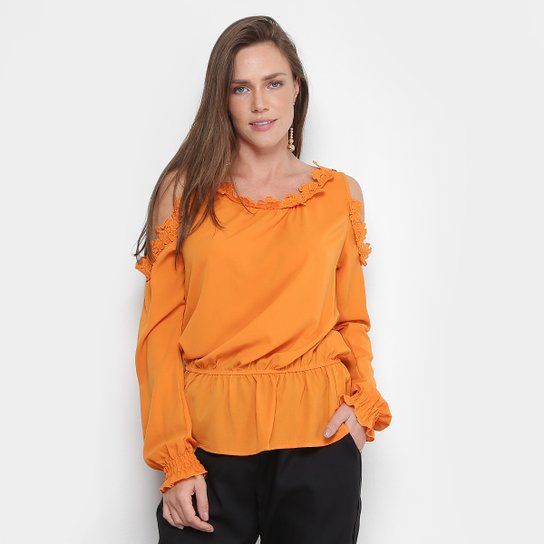 Blusa Fiya Lady Recorte Rendas Manga Longa Feminina - Laranja