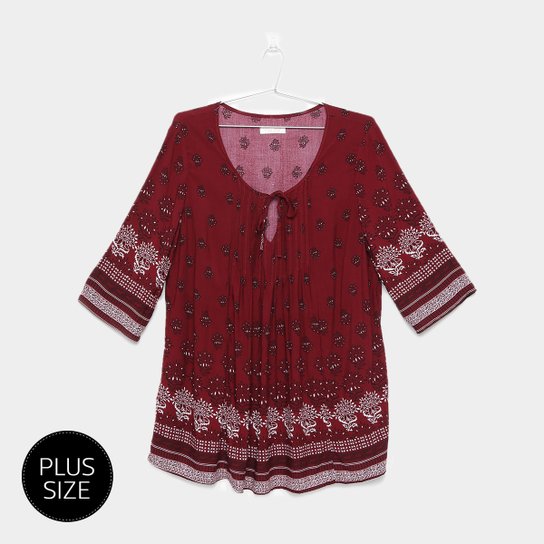 Blusa Fiya Manga Longa Estampada Plus Size Feminina - Vinho