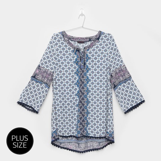 Blusa Fiya Manga Longa Estampada Plus Size Feminina - Azul+Rosa