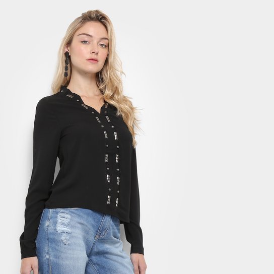 Blusa Fiya Manga Longa Tachas Feminina - Preto