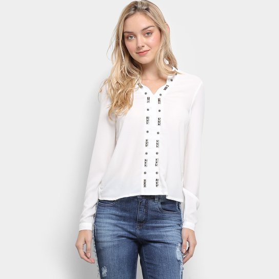 Blusa Fiya Manga Longa Tachas Feminina - Branco