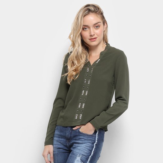 Blusa Fiya Manga Longa Tachas Feminina - Verde