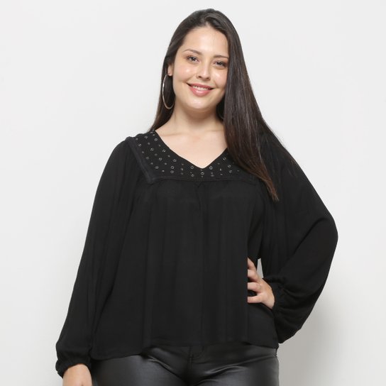 Blusa Fiya Manga Longa Tachas Plus Size Feminina - Preto