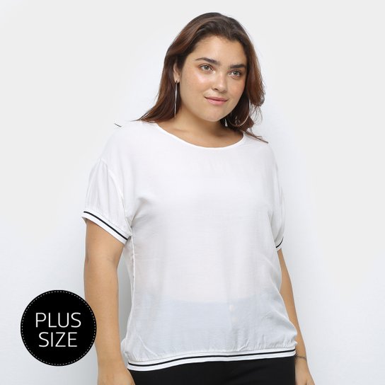 Blusa Heli Plus Size Listra Bicolor Manga Curta Feminina - Branco